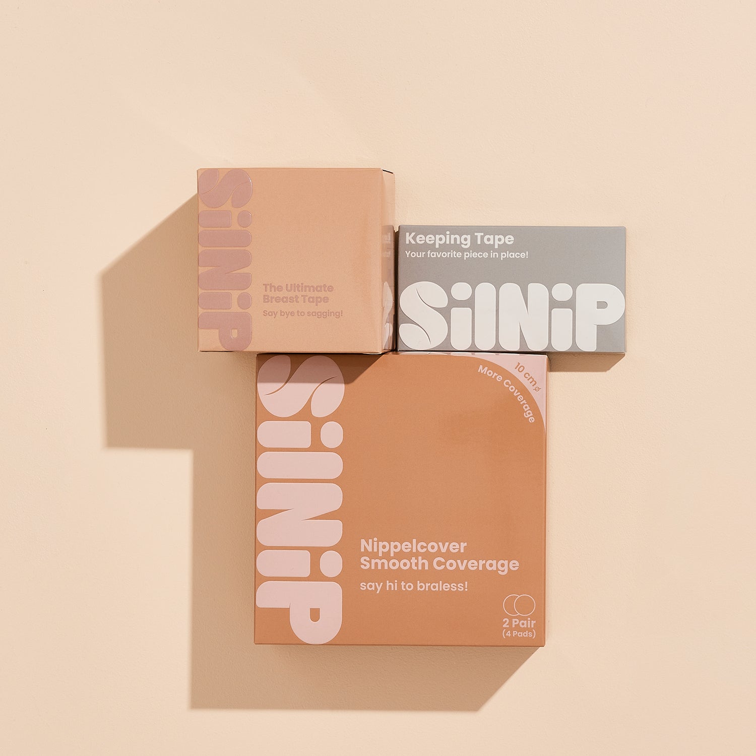 All-in-One Set von Silnip mit Nippelpad 10 cm, Breast Tape und Keeping Tape – für perfekten Halt ohne BH in Mokka und Tan